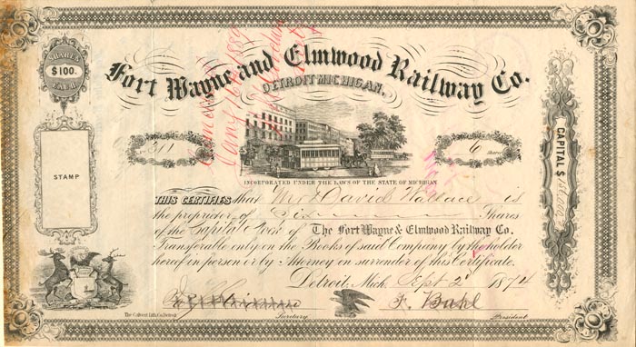 Fort Wayne and Elmwood Railway Co. - Stock Certificate